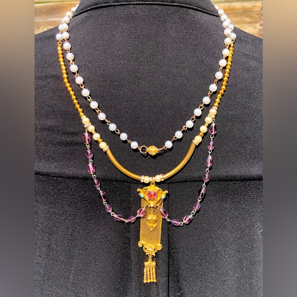 Handcrafted unique watch fob necklace Gold filled fob-amethyst, pearl turquoise - Picture 7 of 12